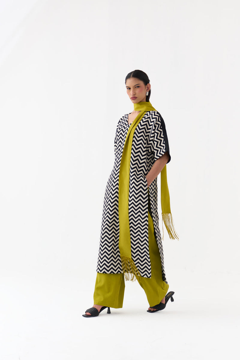 V Neck Kaftan Co-Ord (Set Of 3)-Black & White handwoven cotton, crepe co-ord set by THREE in black, white for women in Singapore
