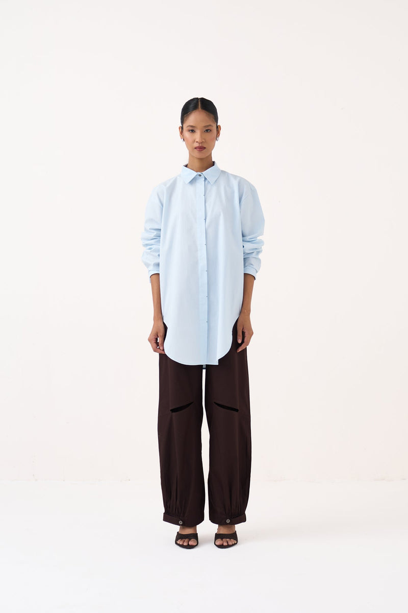 Back Drawstring Floral Shirt Co-Ord-Cobalt Blue handwoven cotton co-ord set by THREE in cobalt blue for women in Singapore