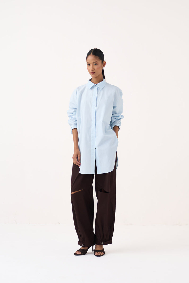 Back Floral Drawstring Shirt-Ice Blue  100% cotton poplin tunics/kaftan by THREE in ice blue for women in Singapore