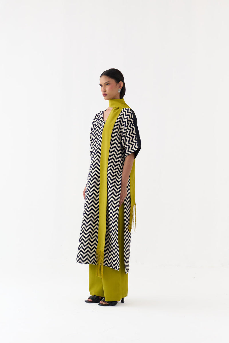 V Neck Kaftan-Black Chevron handwoven cotton twill tunics/kaftan by THREE in black for women in Singapore