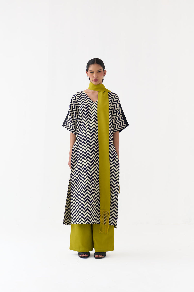 V Neck Kaftan Co-Ord (Set Of 3)-Black & White handwoven cotton, crepe co-ord set by THREE in black, white for women in Singapore