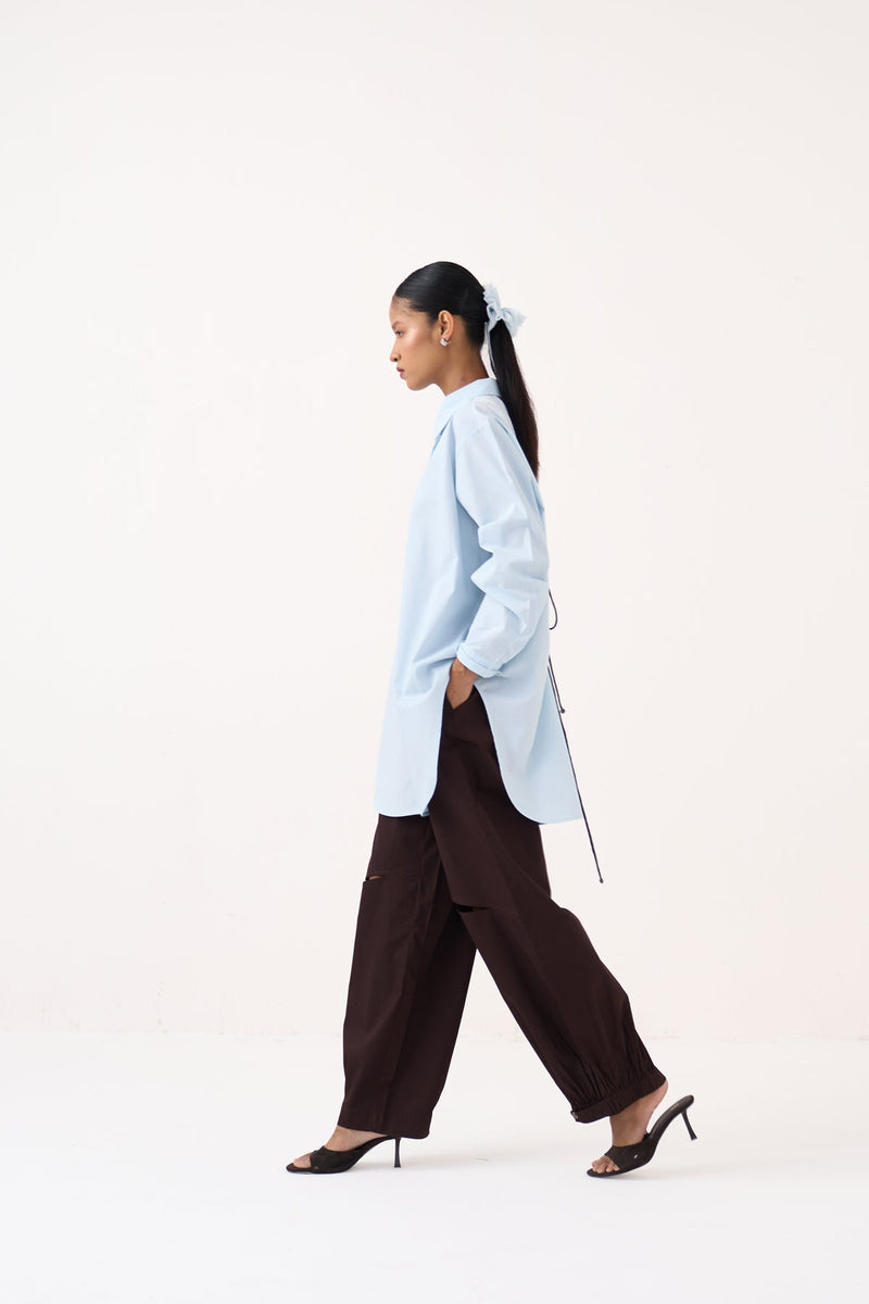 Back Floral Drawstring Shirt Co-Ord-Ice Blue & Cocoa Brown 100% cotton poplin co-ord set by THREE in ice blue for women in Singapore