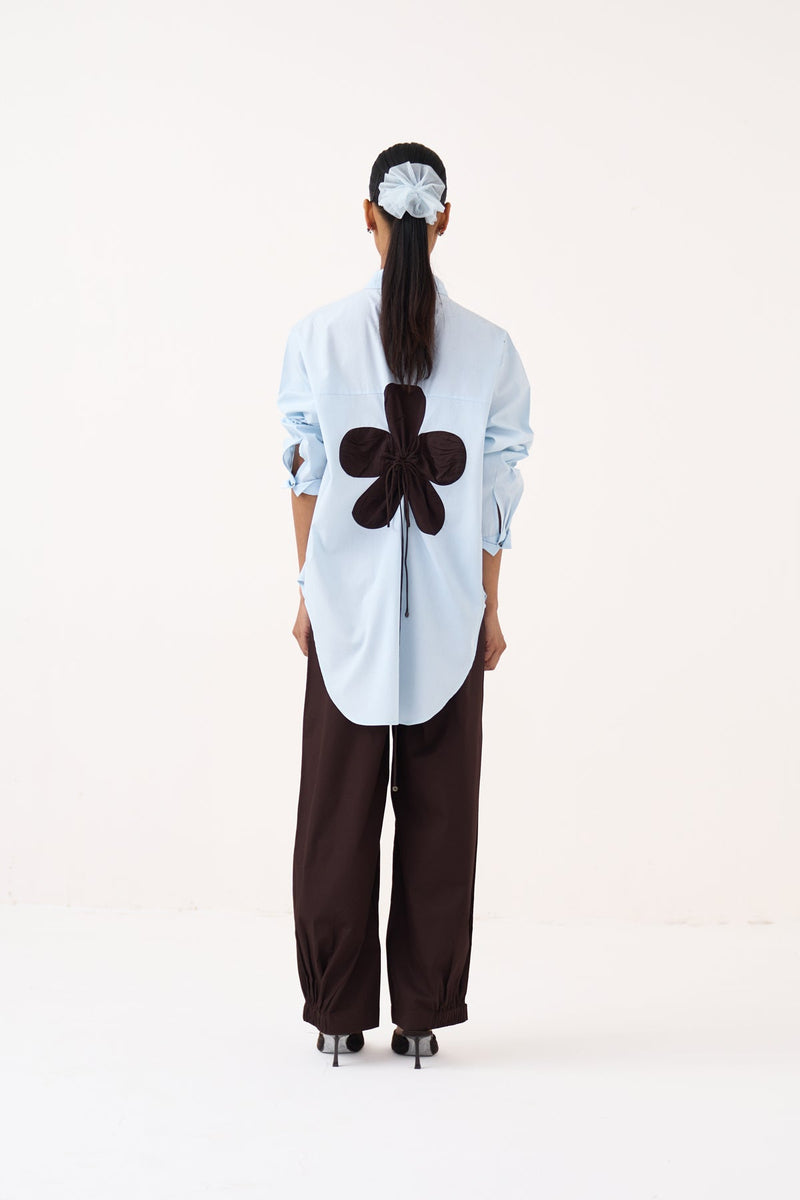 Back Floral Drawstring Shirt Co-Ord-Ice Blue & Cocoa Brown 100% cotton poplin co-ord set by THREE in ice blue for women in Singapore