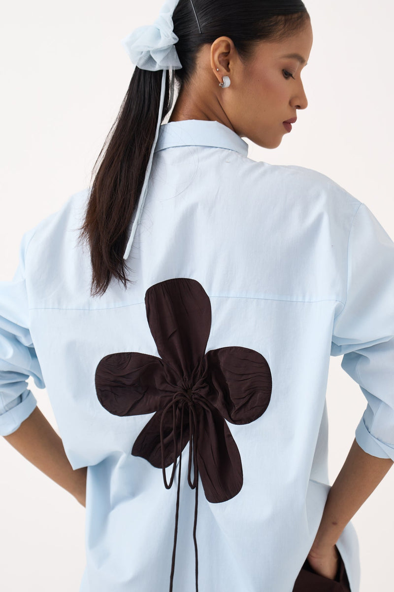 Back Floral Drawstring Shirt Co-Ord-Ice Blue & Cocoa Brown 100% cotton poplin co-ord set by THREE in ice blue for women in Singapore