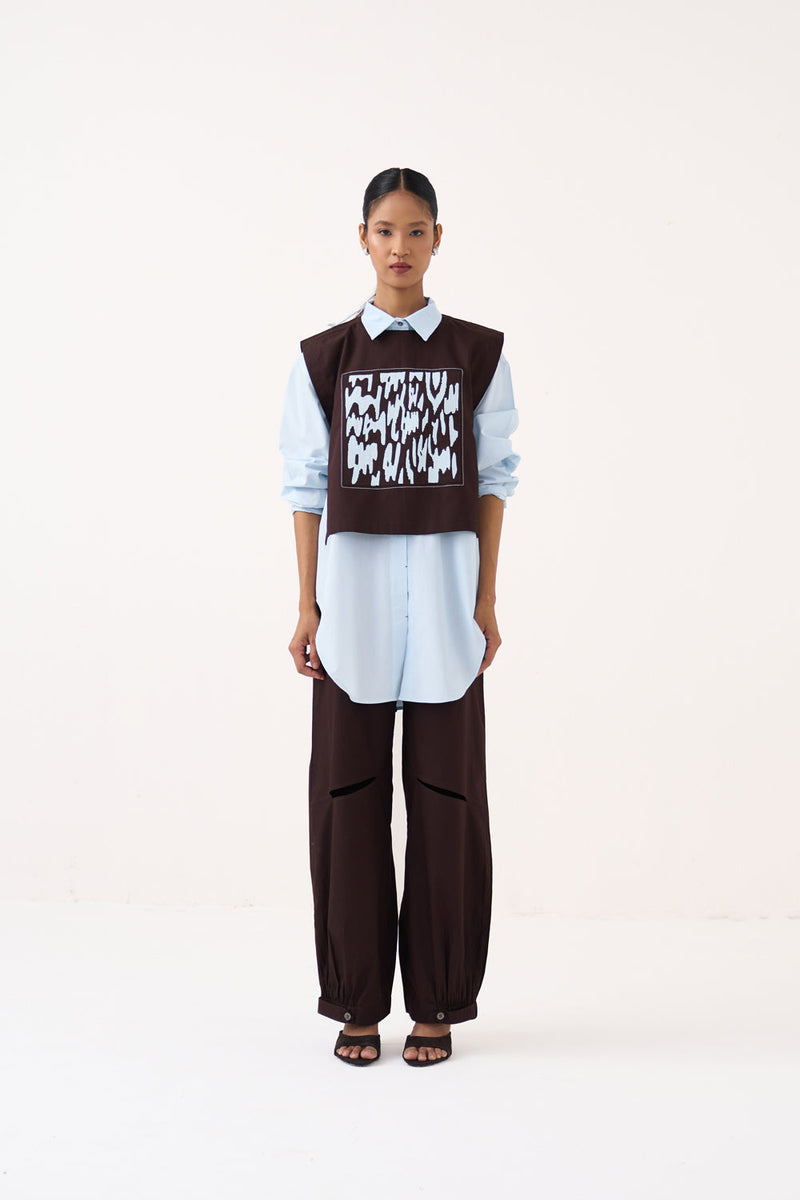 Emb. Patch Overlay Co-Ord (Set Of 3)-Cocoa Brown & Ice Blue 100% cotton poplin co-ord set by THREE in ice blue for women in Singapore