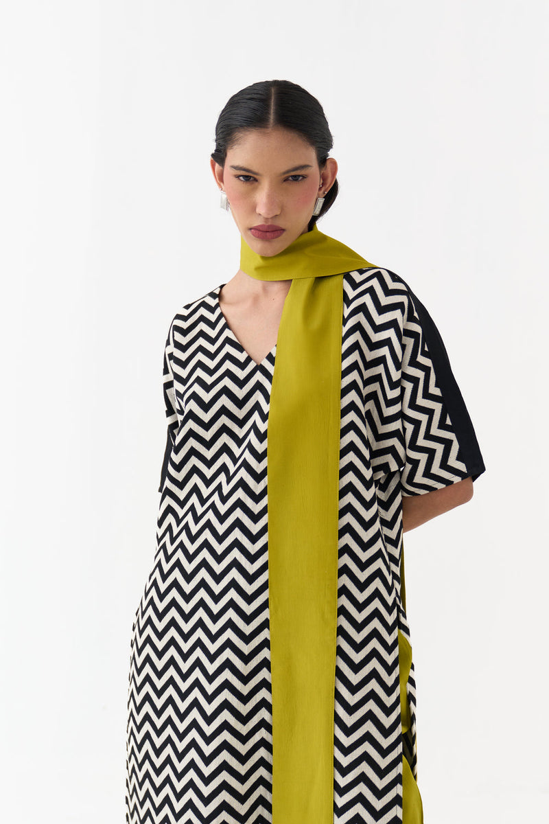 V Neck Kaftan-Black Chevron handwoven cotton twill tunics/kaftan by THREE in black for women in Singapore