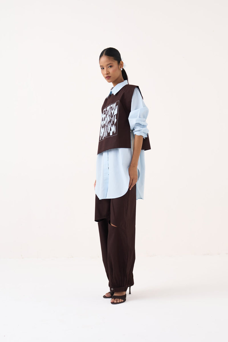 Emb. Patch Overlay Co-Ord (Set Of 3)-Cocoa Brown & Ice Blue 100% cotton poplin co-ord set by THREE in ice blue for women in Singapore