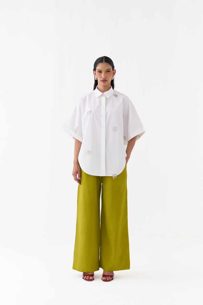 Hand Emb. Detail U-Hem Shirt-White 100% cotton poplin top/shirt by THREE in white for women in Singapore