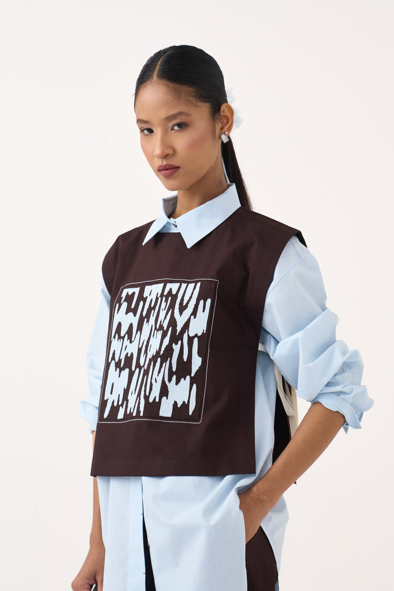 Emb. Patch Overlay (Set Of 2)-Cocoa Brown & Ice Blue  100% cotton poplin jacket/overlay by THREE in dark brown for women in Singapore