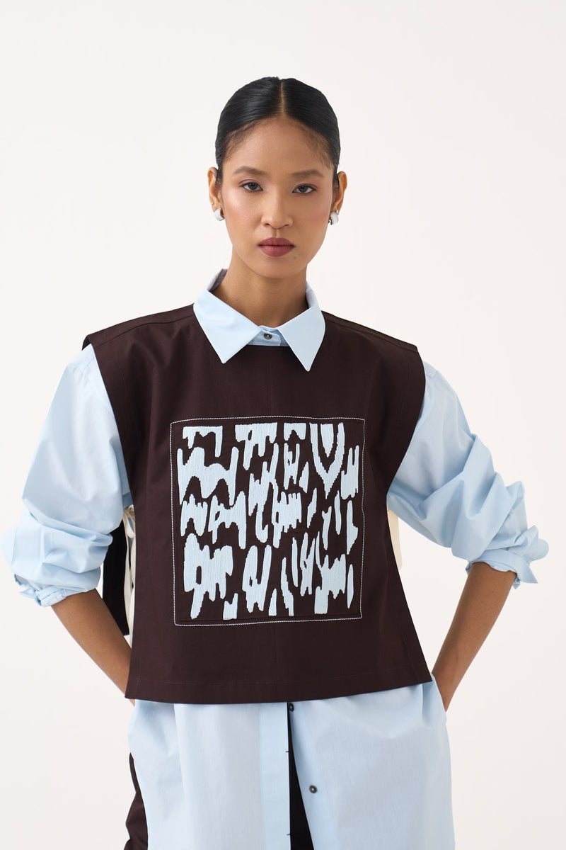 Emb. Patch Overlay Co-Ord (Set Of 3)-Cocoa Brown & Ice Blue 100% cotton poplin co-ord set by THREE in ice blue for women in Singapore