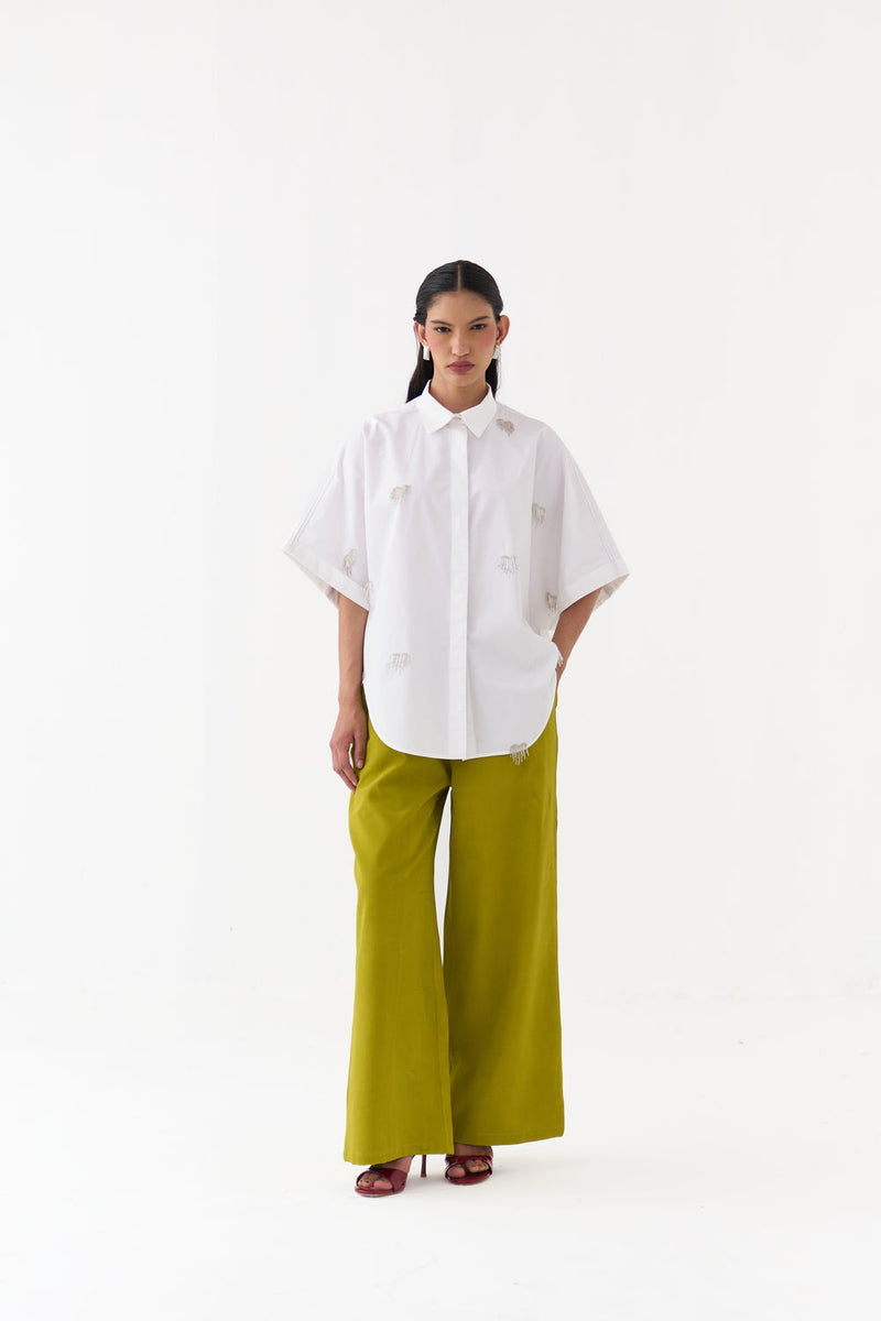Hand Emb. Detail U-Hem Shirt-White 100% cotton poplin top/shirt by THREE in white for women in Singapore