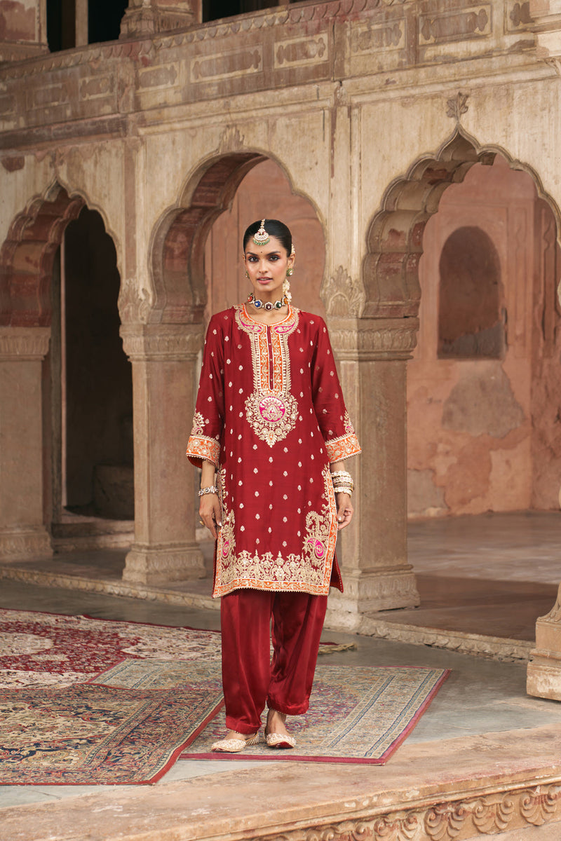 ANILA - DEEP RED SHORT KURTA WITH SALWAR chanderi silk kurta/kurta set by SHEETAL BATRA in red for women in Singapore