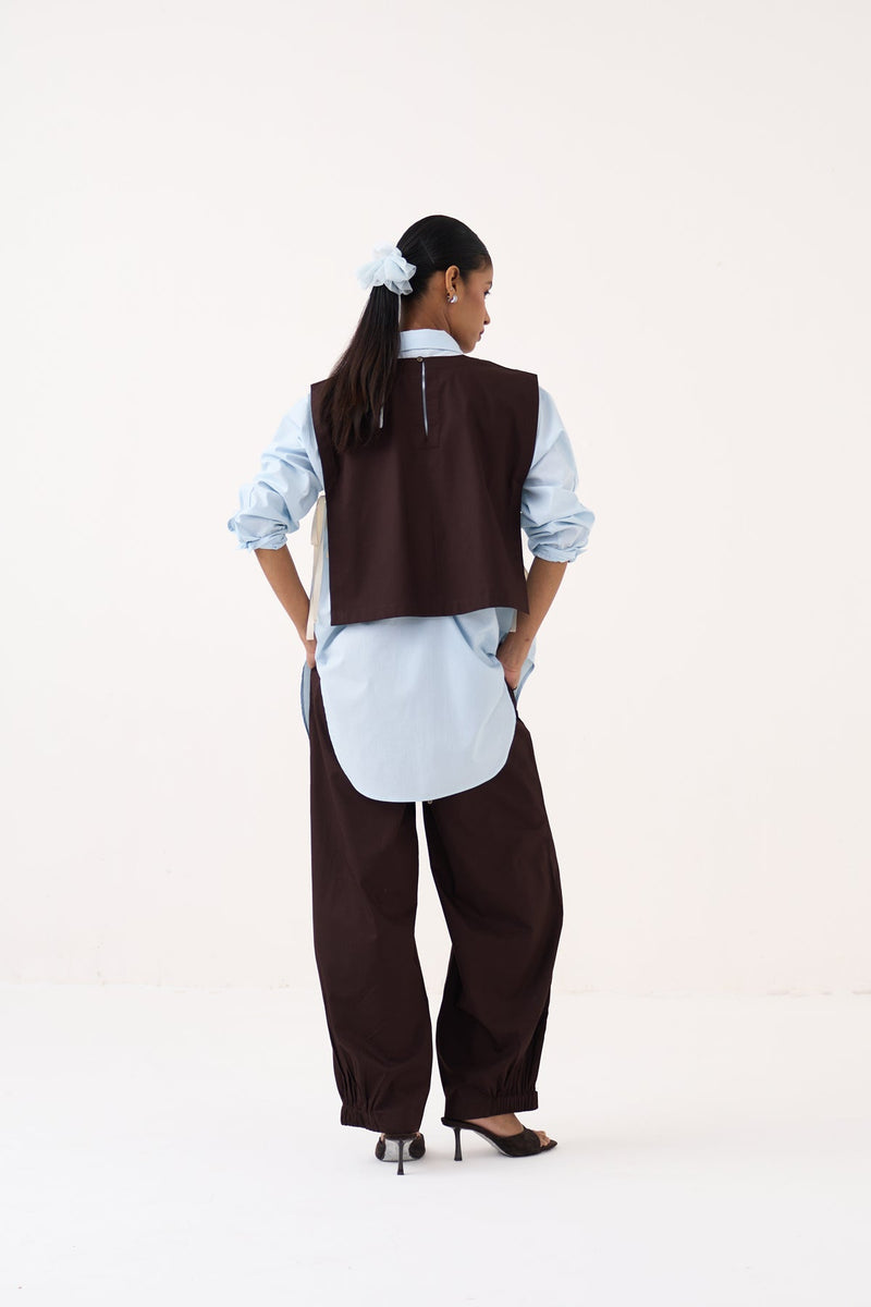 Emb. Patch Overlay Co-Ord (Set Of 3)-Cocoa Brown & Ice Blue 100% cotton poplin co-ord set by THREE in ice blue for women in Singapore