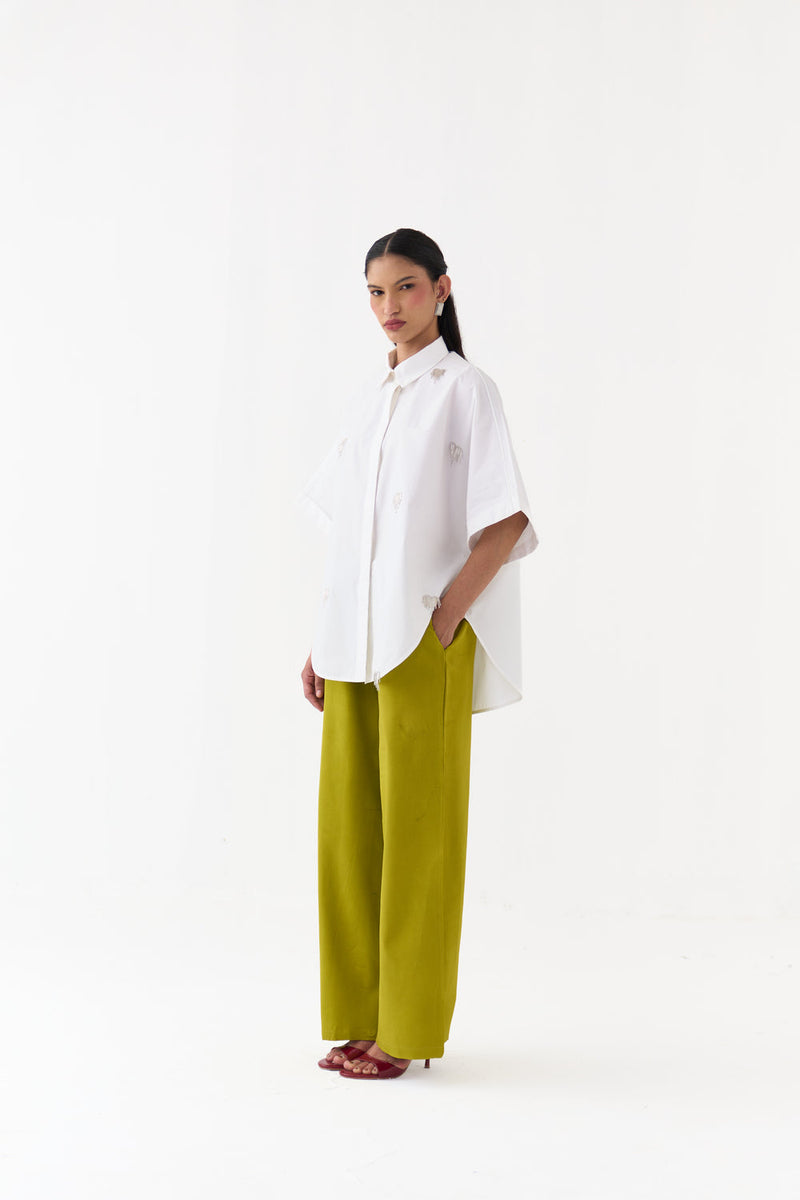 Hand Emb. Detail U-Hem Shirt-White 100% cotton poplin top/shirt by THREE in white for women in Singapore