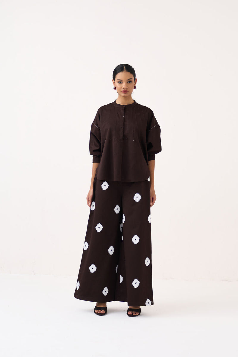 Pintuck Bat Sleeve Top Co-Ord (Set Of 2)-Dark Brown chanderi co-ord set by THREE in brown for women in Singapore