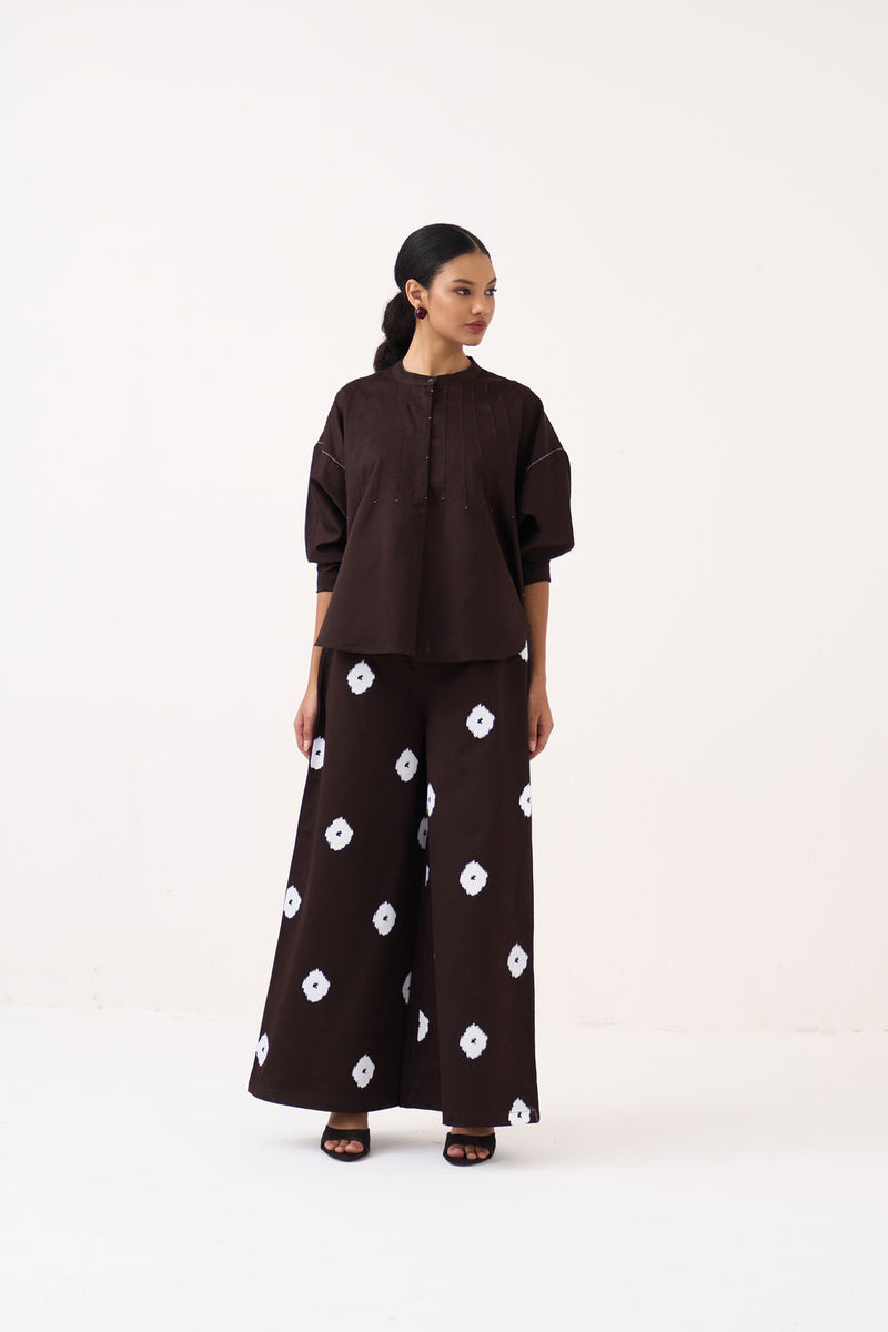 Hand Block Print Bottom-Dark Brown hard cotton twill pant/trouser by THREE in brown for women in Singapore