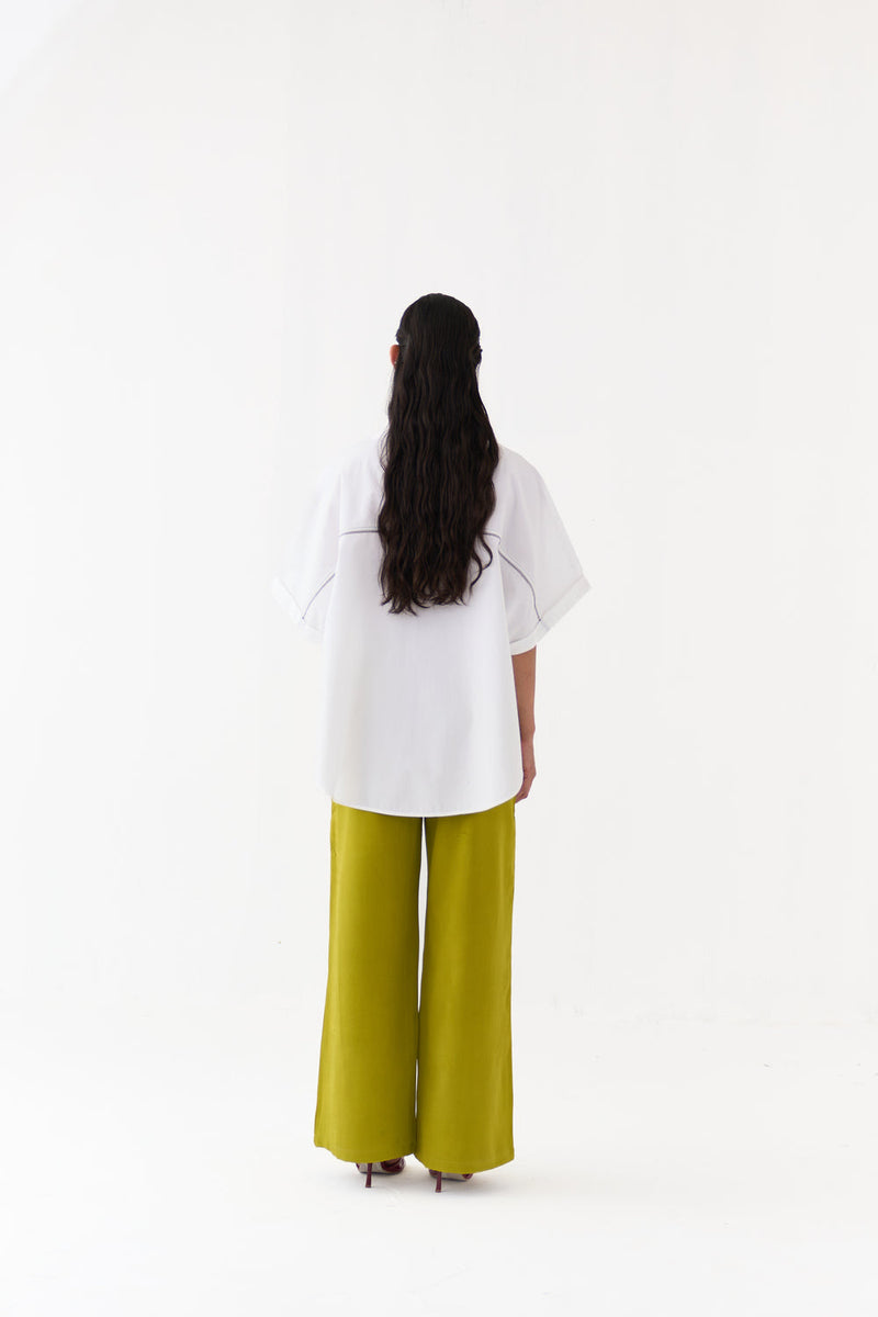 Hand Emb. Detail U-Hem Shirt-White 100% cotton poplin top/shirt by THREE in white for women in Singapore