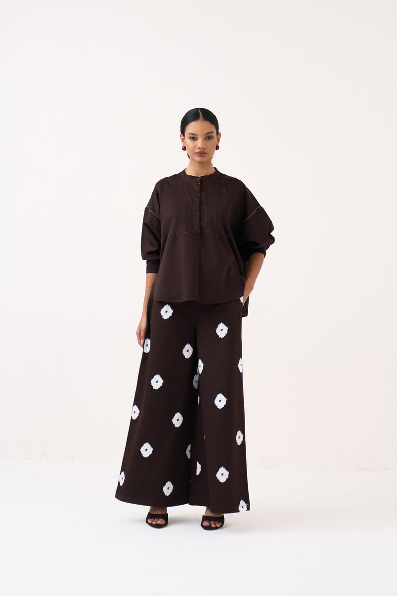 Hand Block Print Bottom-Dark Brown hard cotton twill pant/trouser by THREE in brown for women in Singapore