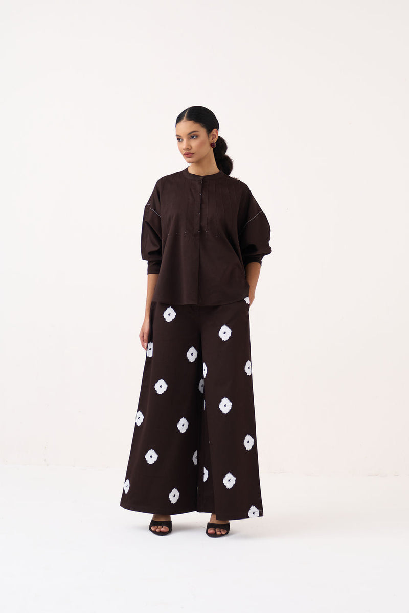 Hand Block Print Bottom-Dark Brown hard cotton twill pant/trouser by THREE in brown for women in Singapore