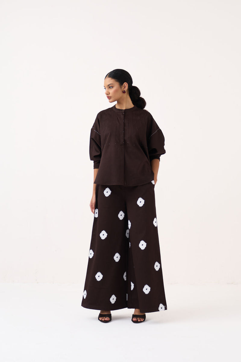 Pintuck Bat Sleeve Top Co-Ord (Set Of 2)-Dark Brown chanderi co-ord set by THREE in brown for women in Singapore