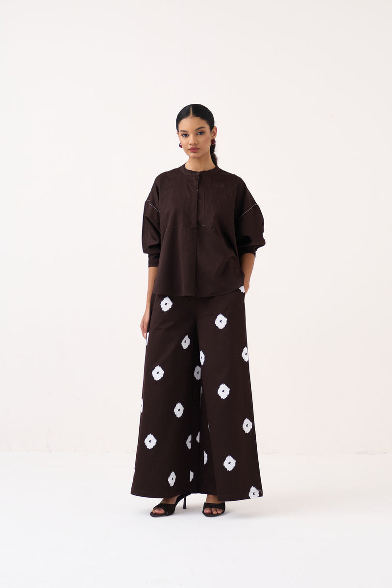 Hand Block Print Bottom-Dark Brown hard cotton twill pant/trouser by THREE in brown for women in Singapore
