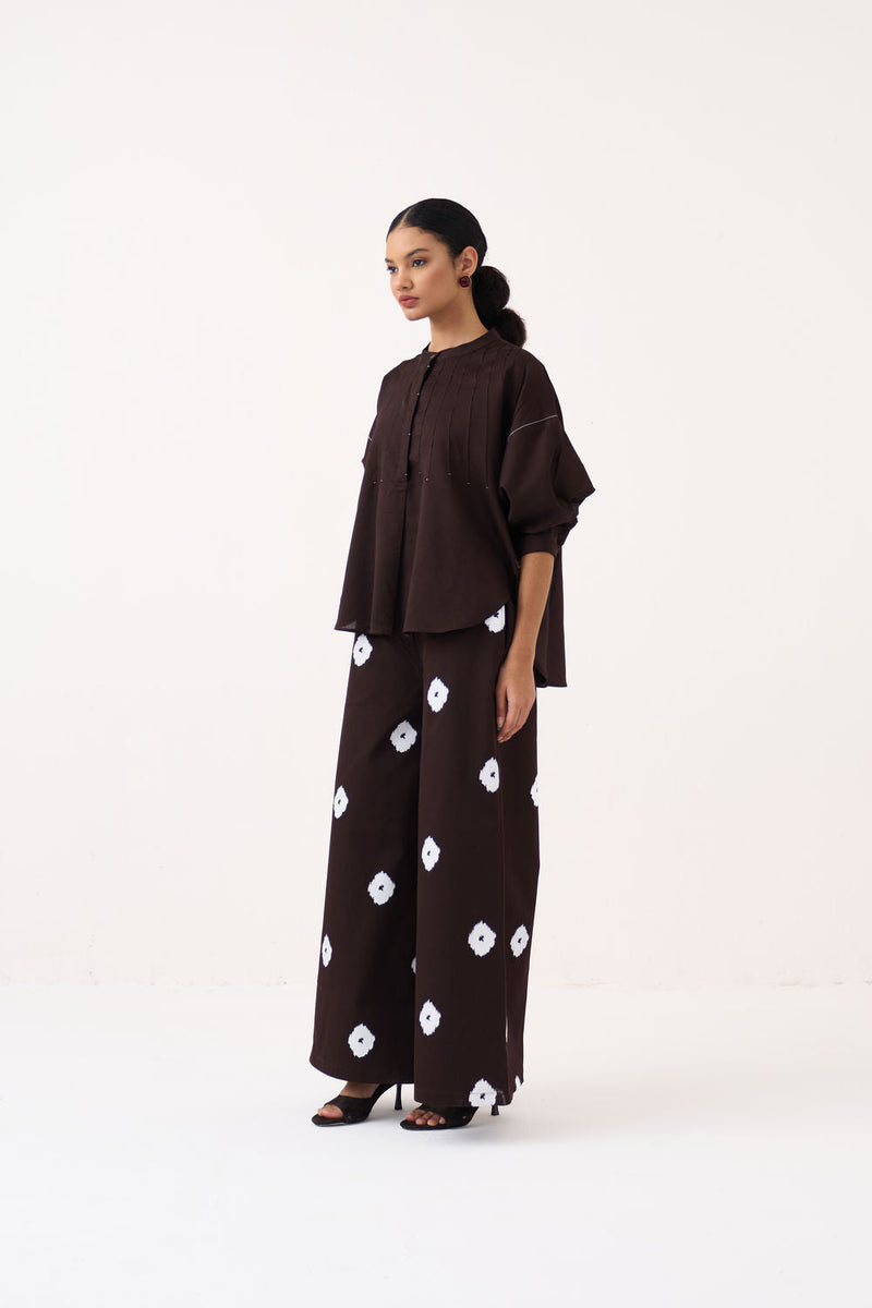 Pintuck Bat Sleeve Top Co-Ord (Set Of 2)-Dark Brown chanderi co-ord set by THREE in brown for women in Singapore