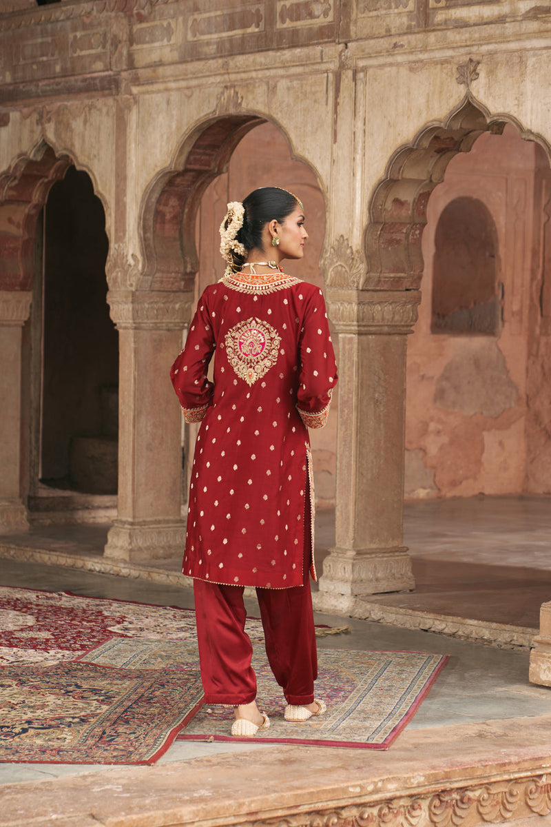 ANILA - DEEP RED SHORT KURTA WITH SALWAR chanderi silk kurta/kurta set by SHEETAL BATRA in red for women in Singapore