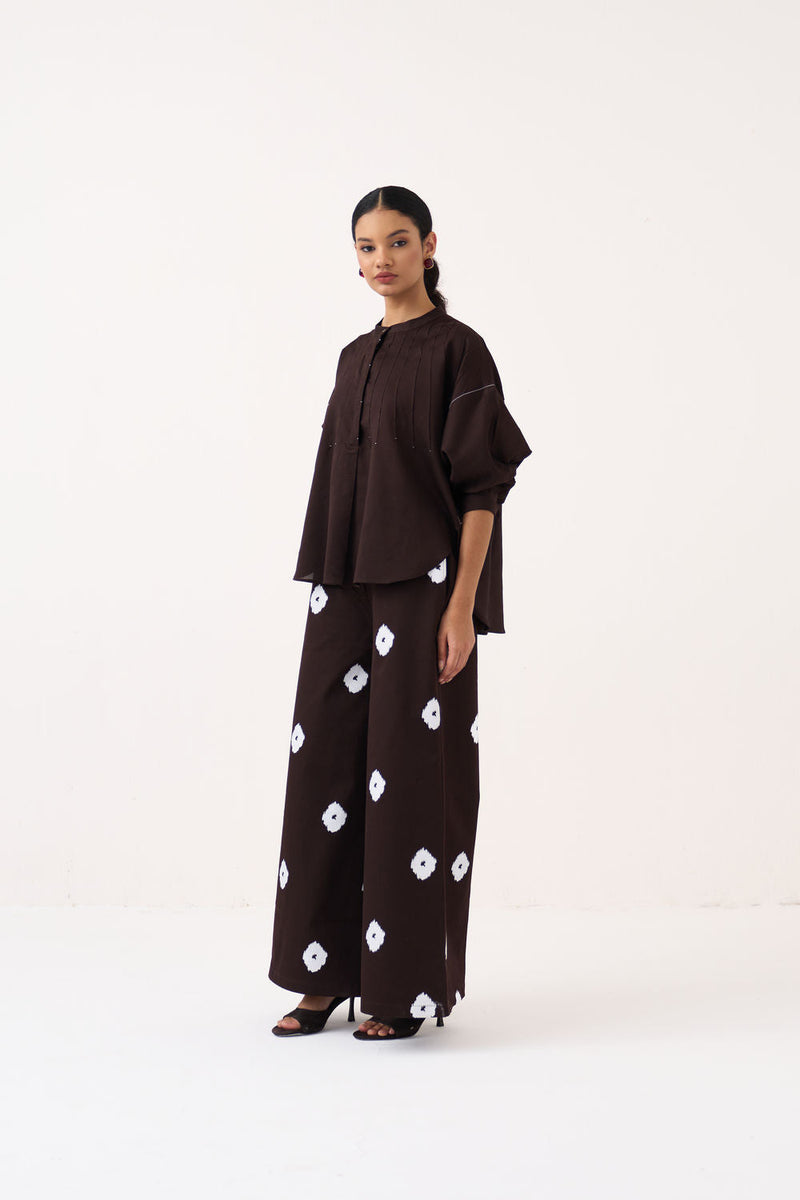 Hand Block Print Bottom-Dark Brown hard cotton twill pant/trouser by THREE in brown for women in Singapore