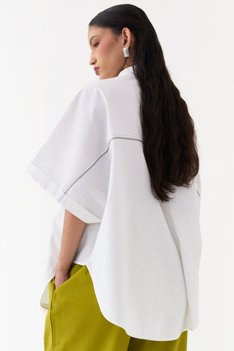 Hand Emb. Detail U-Hem Shirt Co-Ord-White 100% cotton poplin, crepe co-ord set by THREE in white for women in Singapore