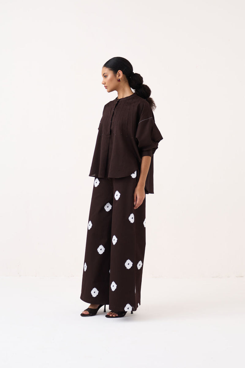 Hand Block Print Bottom-Dark Brown hard cotton twill pant/trouser by THREE in brown for women in Singapore