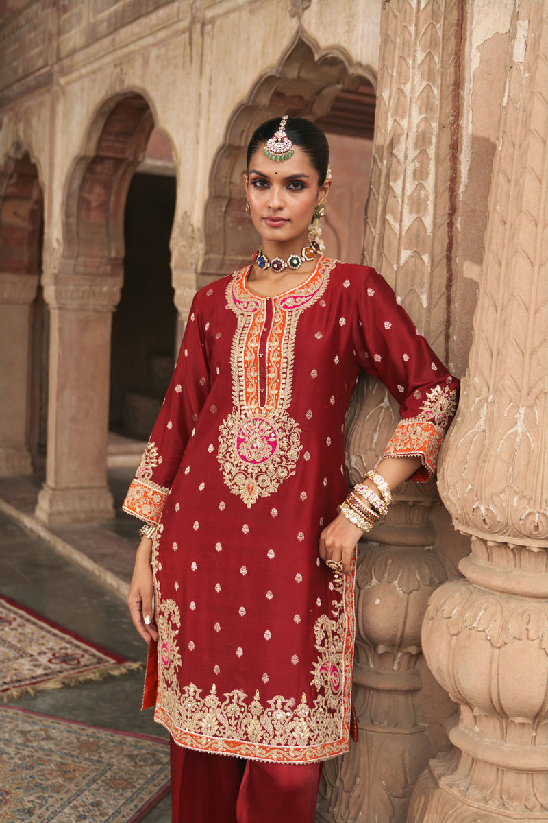 ANILA - DEEP RED SHORT KURTA WITH SALWAR chanderi silk kurta/kurta set by SHEETAL BATRA in red for women in Singapore