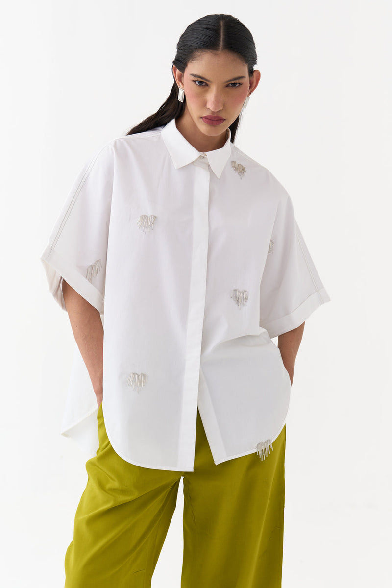 Hand Emb. Detail U-Hem Shirt-White 100% cotton poplin top/shirt by THREE in white for women in Singapore