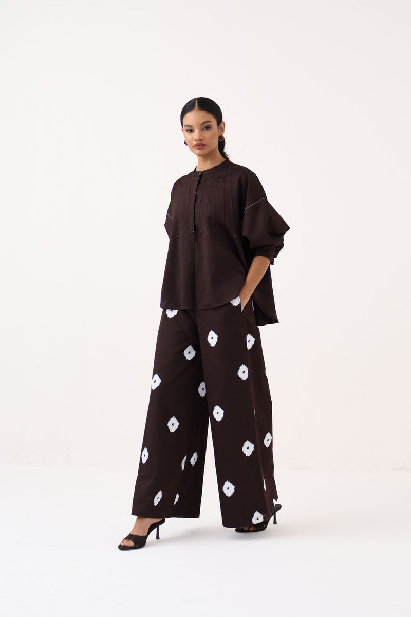 Hand Block Print Bottom-Dark Brown hard cotton twill pant/trouser by THREE in brown for women in Singapore
