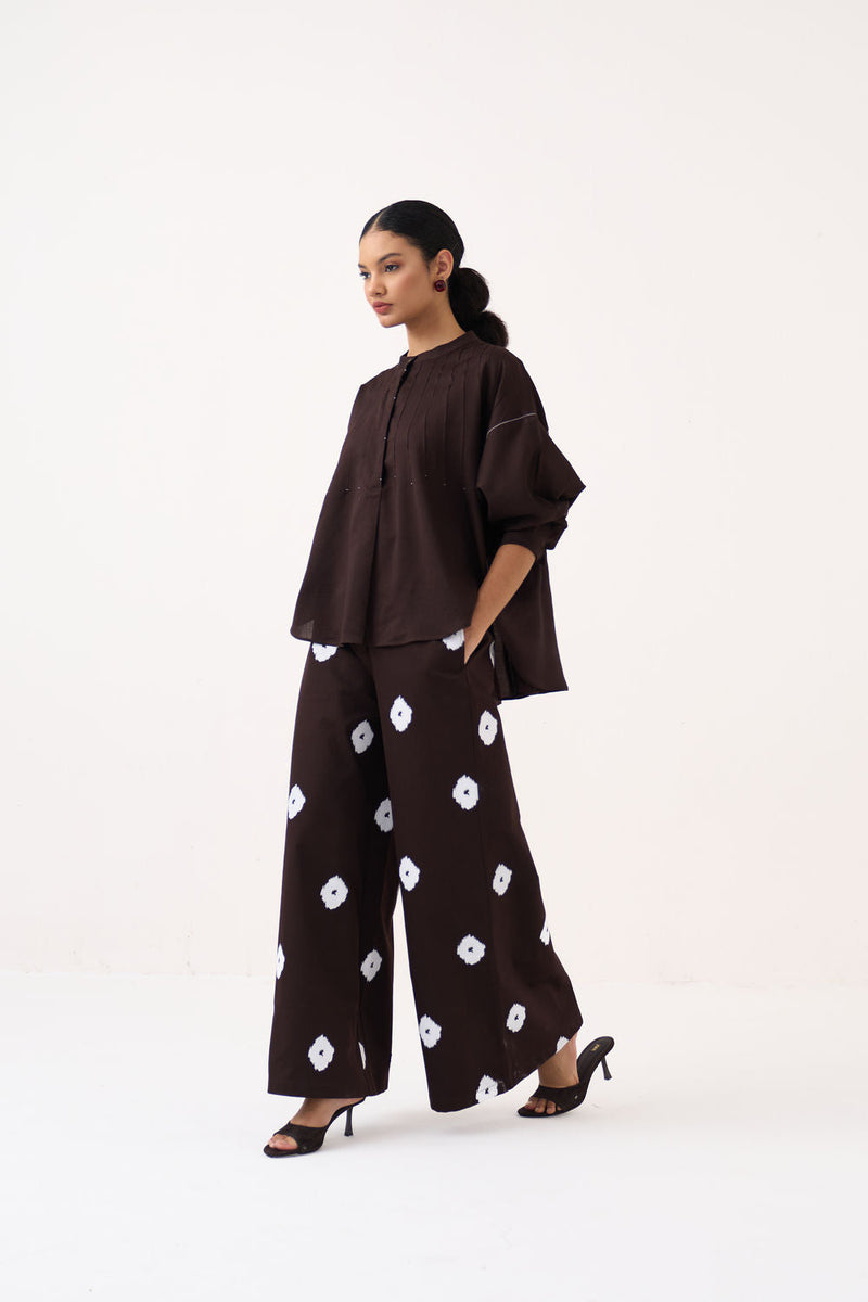 Pintuck Bat Sleeve Top Co-Ord (Set Of 2)-Dark Brown chanderi co-ord set by THREE in brown for women in Singapore