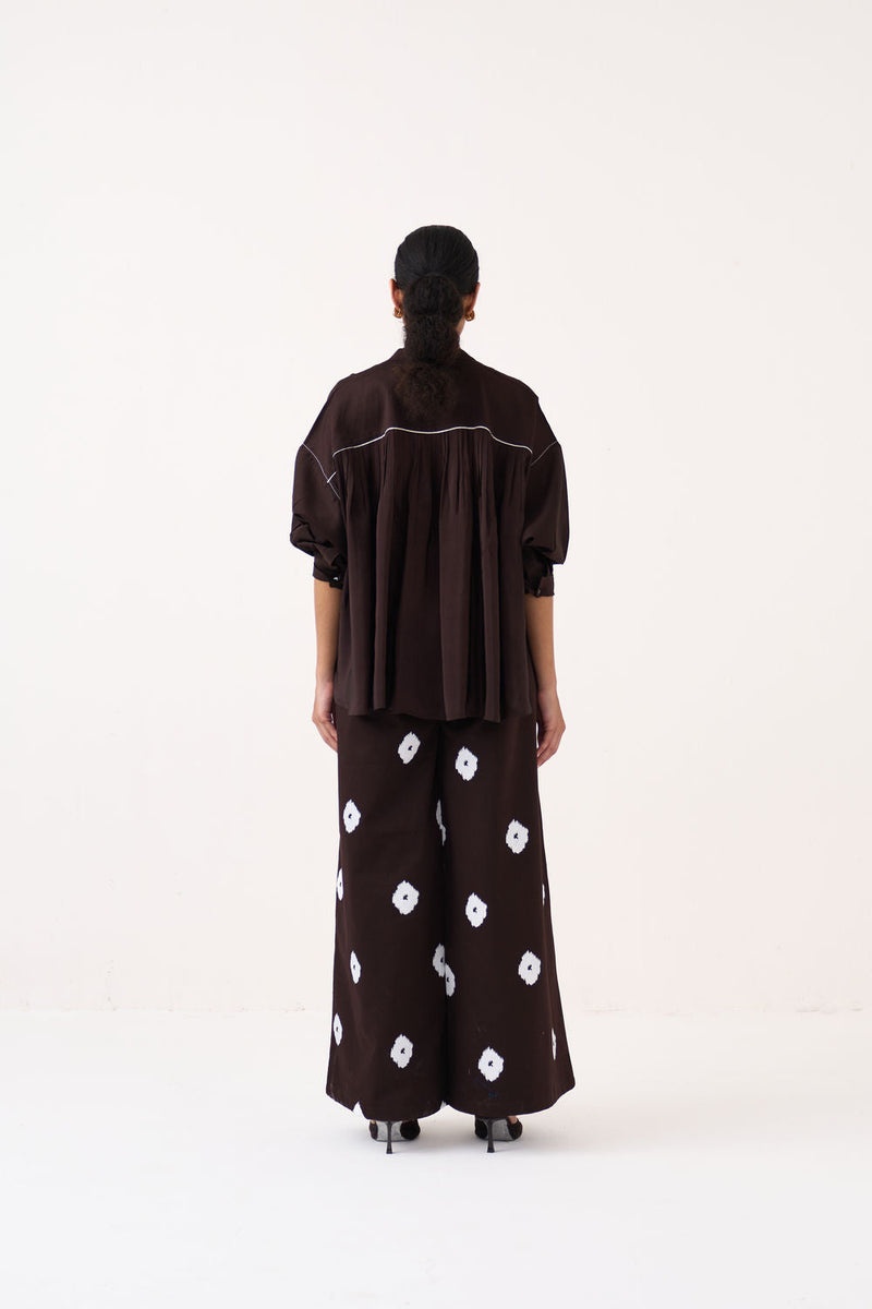 Pintuck Bat Sleeve Top Co-Ord (Set Of 2)-Dark Brown chanderi co-ord set by THREE in brown for women in Singapore