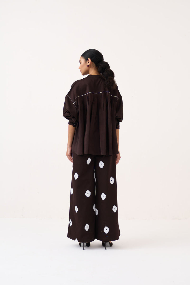 Hand Block Print Bottom-Dark Brown hard cotton twill pant/trouser by THREE in brown for women in Singapore