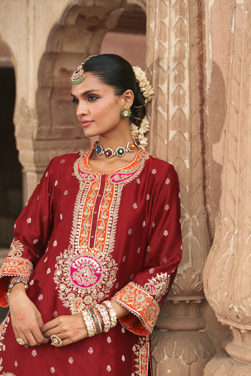 ANILA - DEEP RED SHORT KURTA WITH SALWAR chanderi silk kurta/kurta set by SHEETAL BATRA in red for women in Singapore