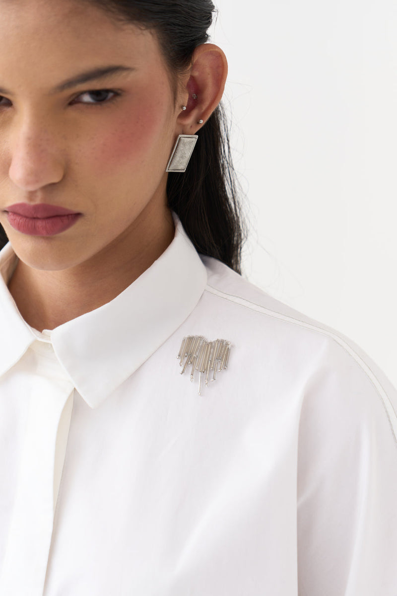 Hand Emb. Detail U-Hem Shirt-White 100% cotton poplin top/shirt by THREE in white for women in Singapore