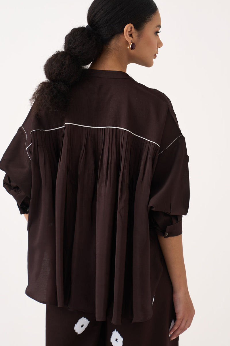 Pintuck Bat Sleeve Top-Dark Brown chanderi top/shirt by THREE in brown for women in Singapore