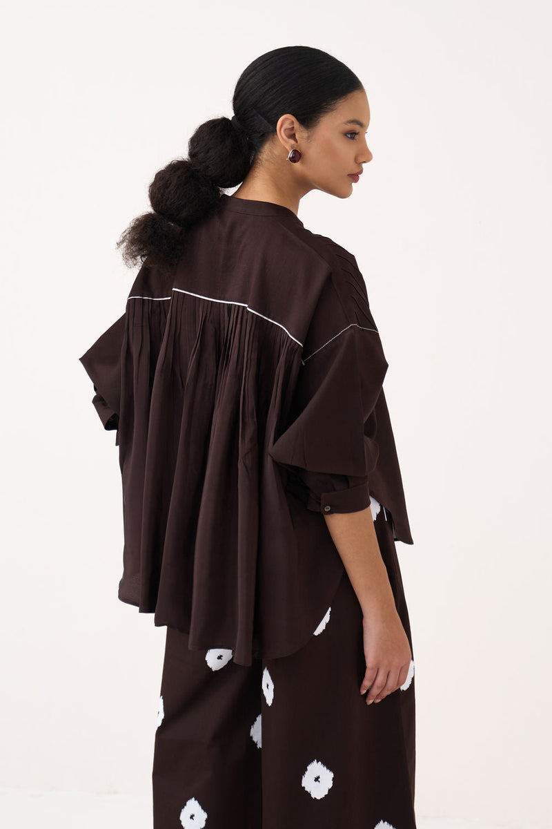 Pintuck Bat Sleeve Top-Dark Brown chanderi top/shirt by THREE in brown for women in Singapore