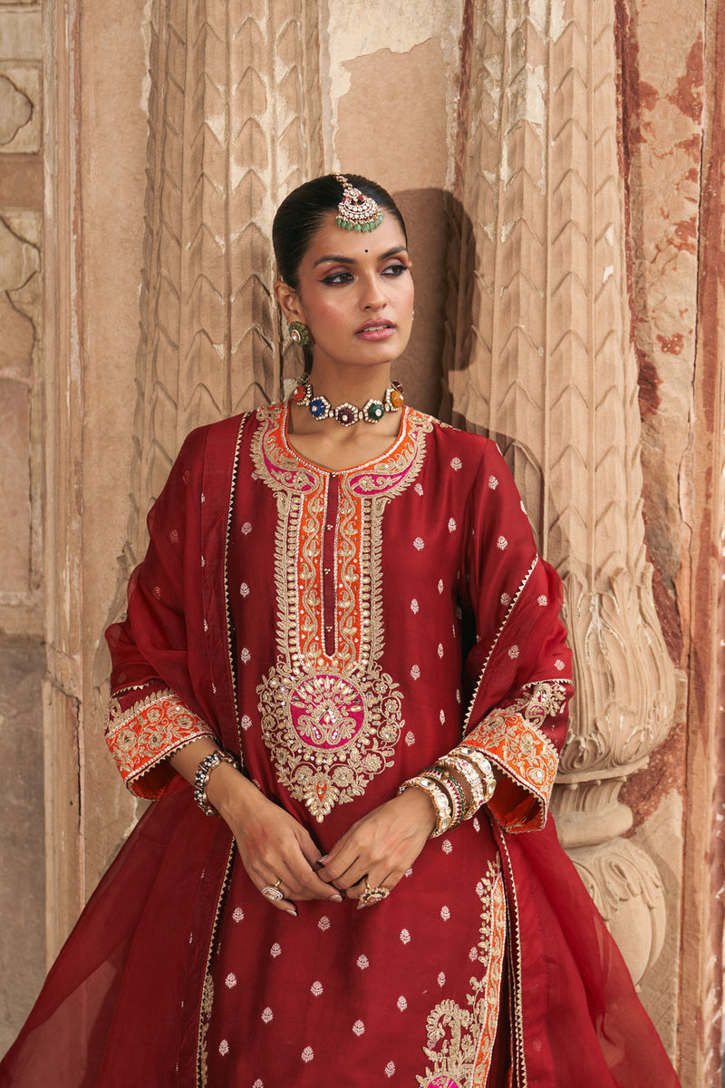 ANILA - DEEP RED SHORT KURTA WITH SALWAR chanderi silk kurta/kurta set by SHEETAL BATRA in red for women in Singapore