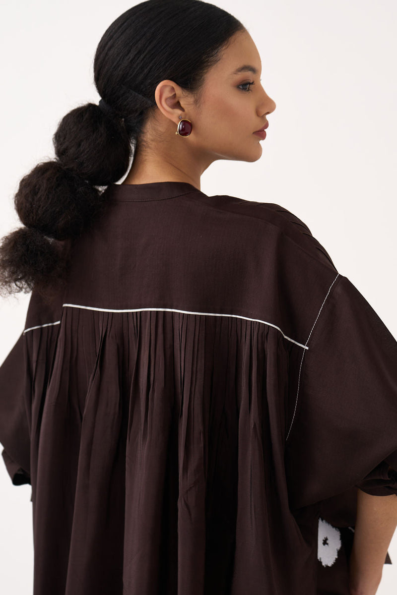 Pintuck Bat Sleeve Top Co-Ord (Set Of 2)-Dark Brown chanderi co-ord set by THREE in brown for women in Singapore