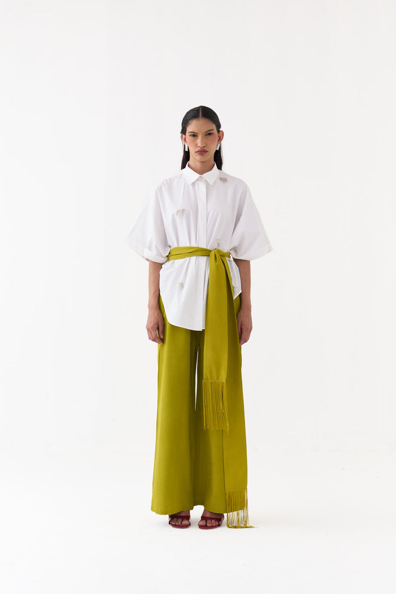 Hand Emb. Detail U-Hem Shirt Co-Ord-White 100% cotton poplin, crepe co-ord set by THREE in white for women in Singapore