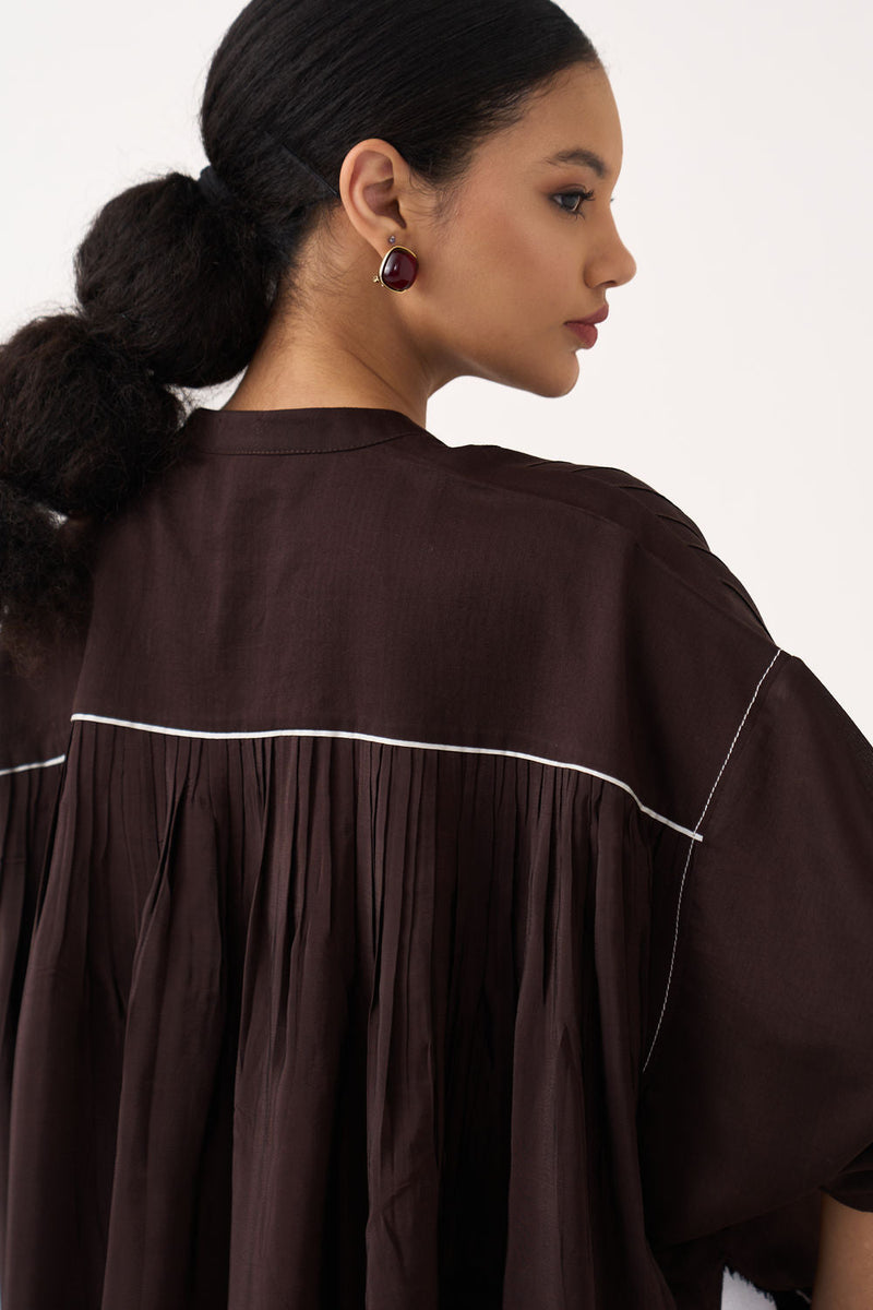 Pintuck Bat Sleeve Top-Dark Brown chanderi top/shirt by THREE in brown for women in Singapore