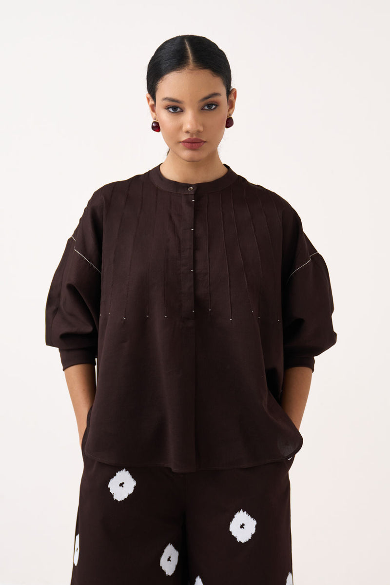 Pintuck Bat Sleeve Top-Dark Brown chanderi top/shirt by THREE in brown for women in Singapore