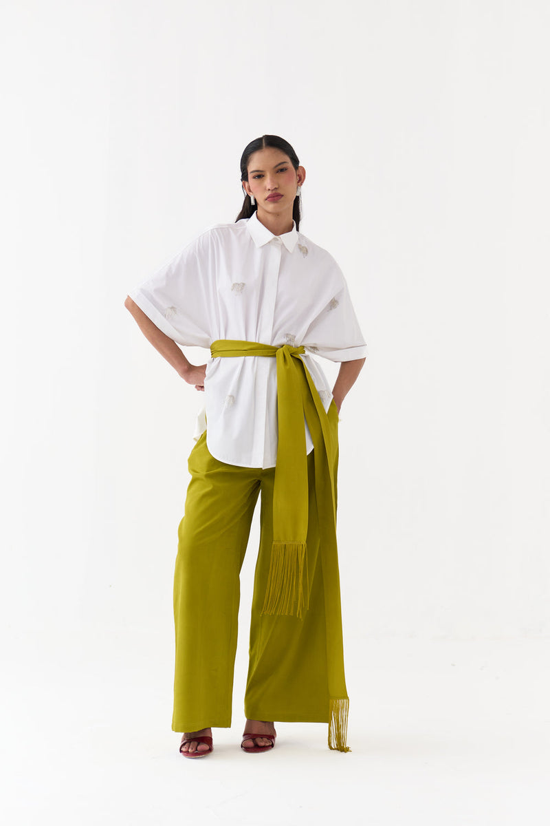 Hand Emb. Detail U-Hem Shirt-White 100% cotton poplin top/shirt by THREE in white for women in Singapore