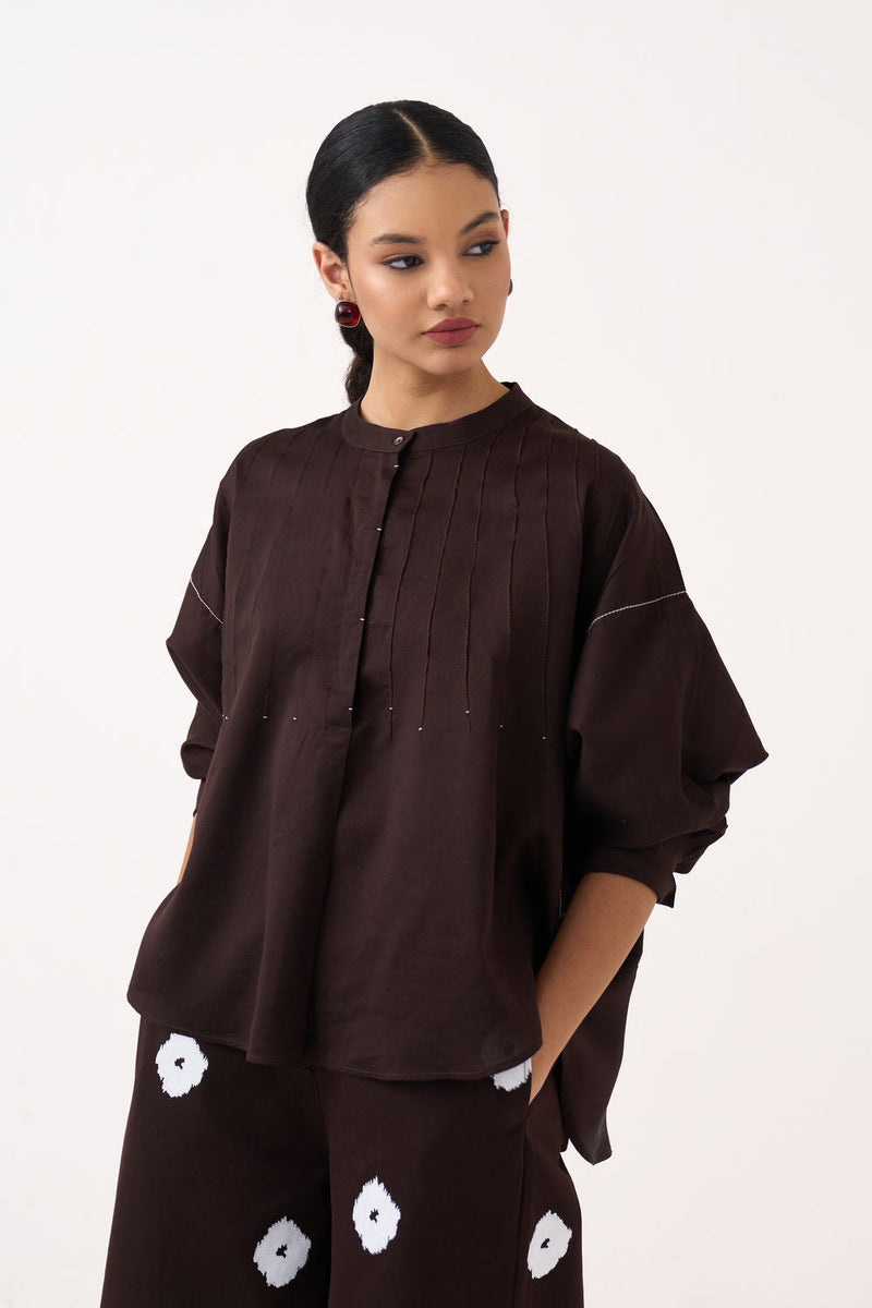 Pintuck Bat Sleeve Top-Dark Brown chanderi top/shirt by THREE in brown for women in Singapore