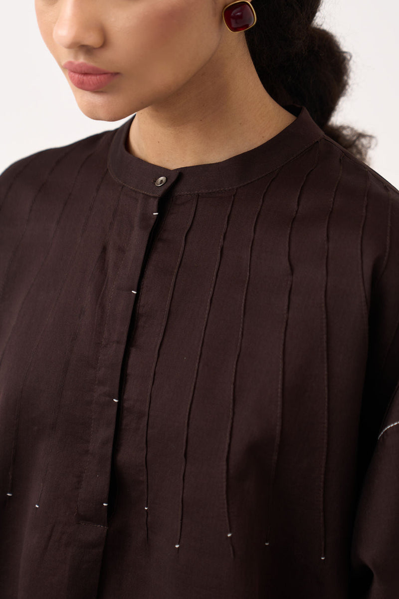 Pintuck Bat Sleeve Top-Dark Brown chanderi top/shirt by THREE in brown for women in Singapore