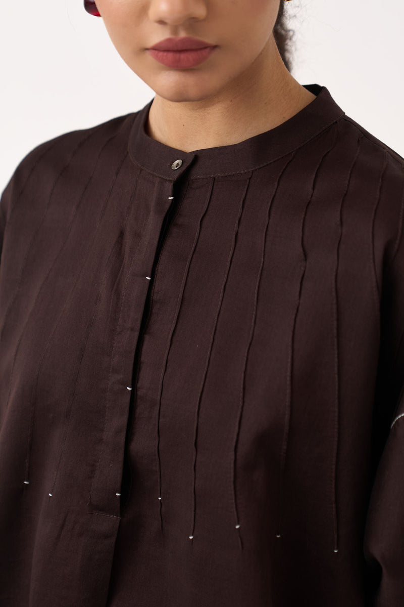 Pintuck Bat Sleeve Top Co-Ord (Set Of 2)-Dark Brown chanderi co-ord set by THREE in brown for women in Singapore