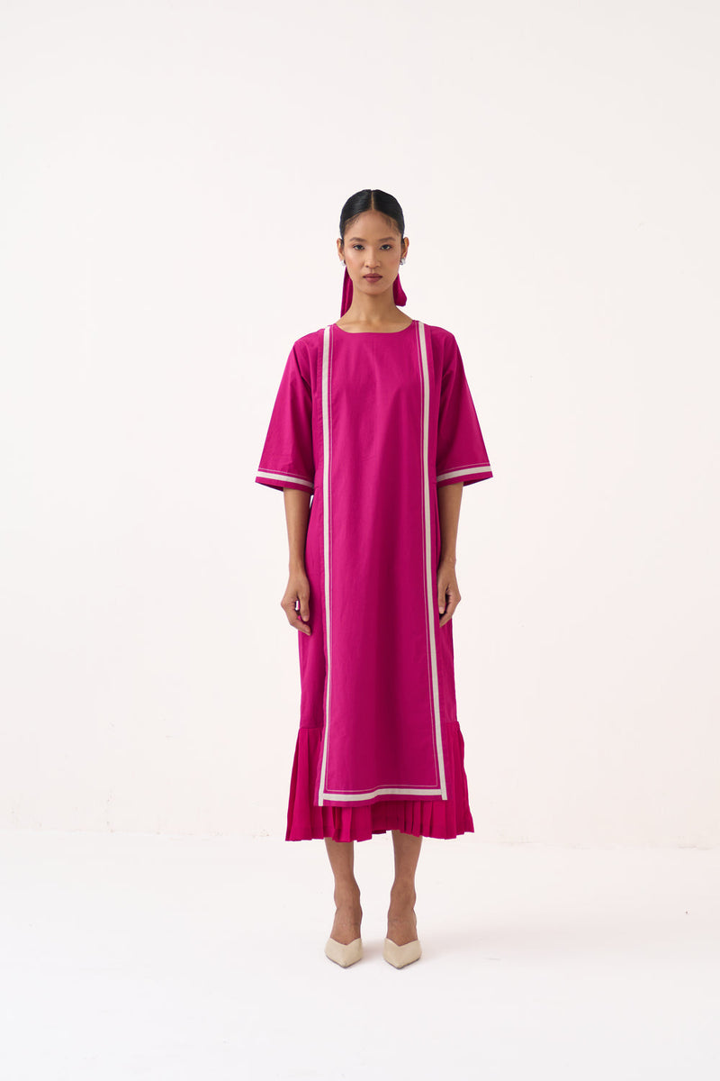 Apron Dress-Bright Berry poplin dress by THREE in pink for women in Singapore